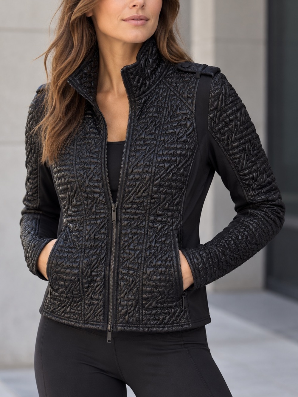 ZELLA Black Textured Quilted Moto Jacket Athleisure Minimalist